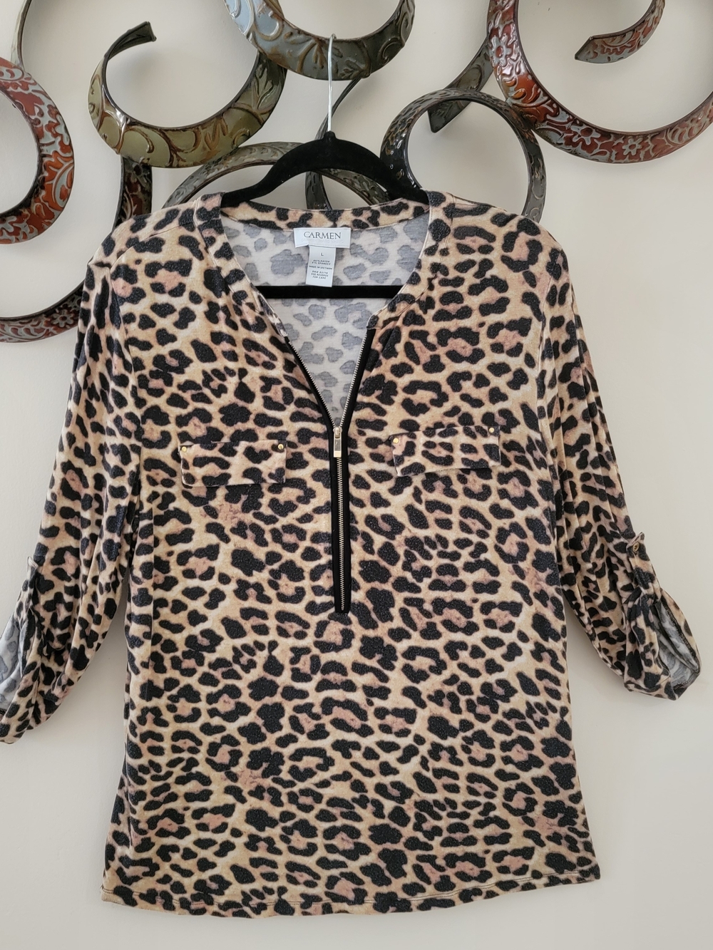 Carmen Marc Valvo Leopard Zip-Front Tunic in Beige and Black